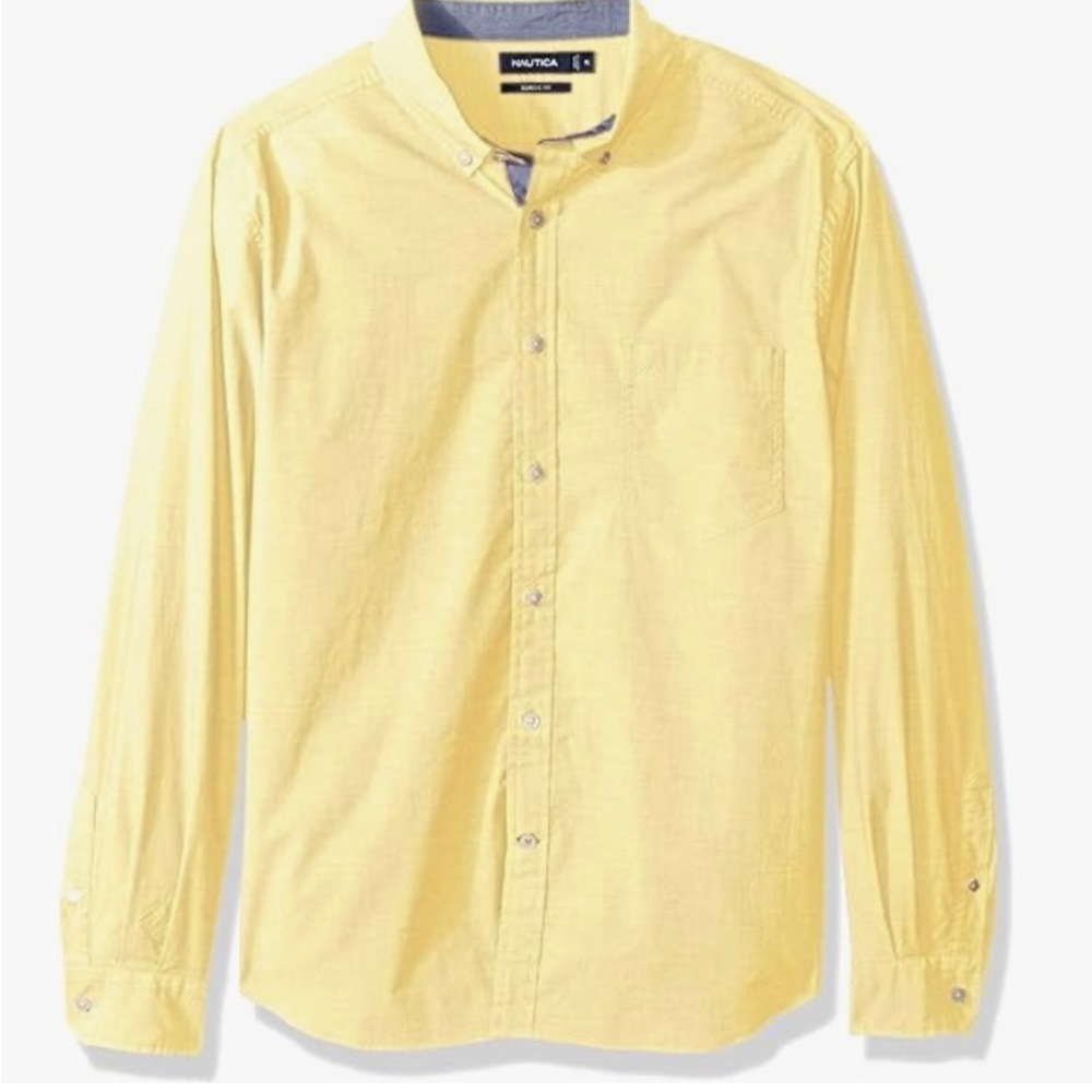 Nautica | Men's Classic Fit Solid yellow Long Sleeve Button Down Shirt Size M